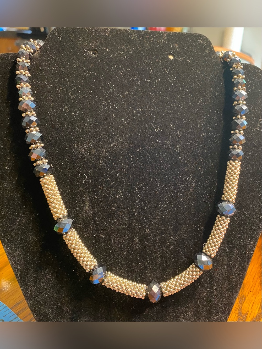 Vintage Silver Metallic Mesh Tube Iridescent Jet Black Faceted Crystal
Necklace